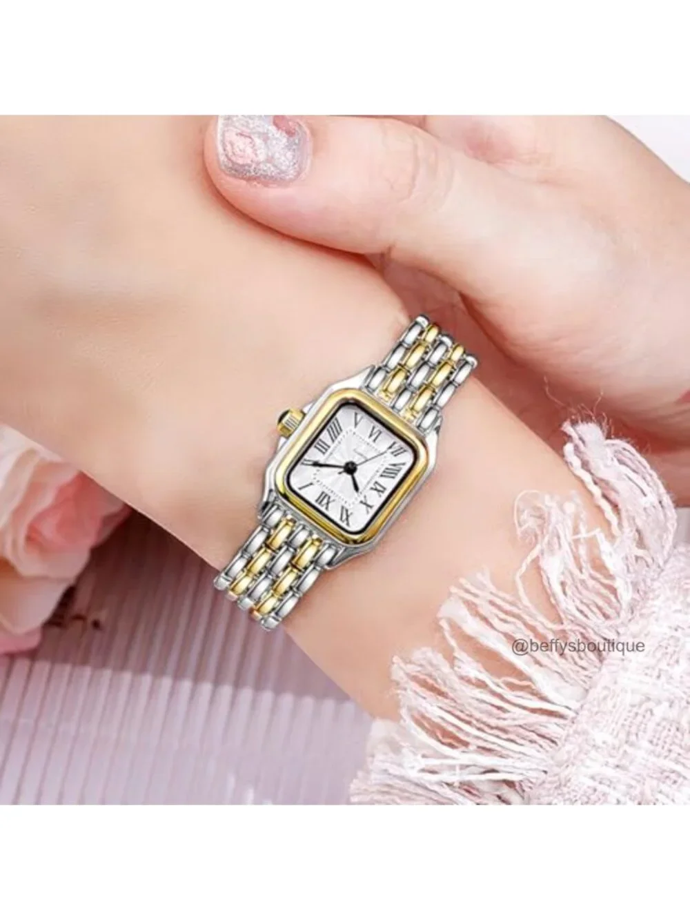 Vintage Square Luxury Watch for Women Two-Tone Stainless Steel Band Roman